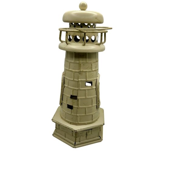 Lighthouse Candle Votive Holder Distressed Off White Metal 9.25" High Nautical - Picture 2 of 8